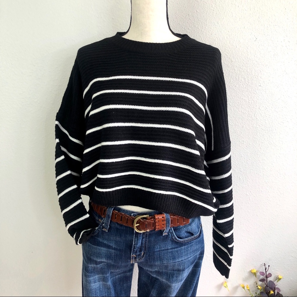 Striped Knit Boxy Fit Sweater Black White